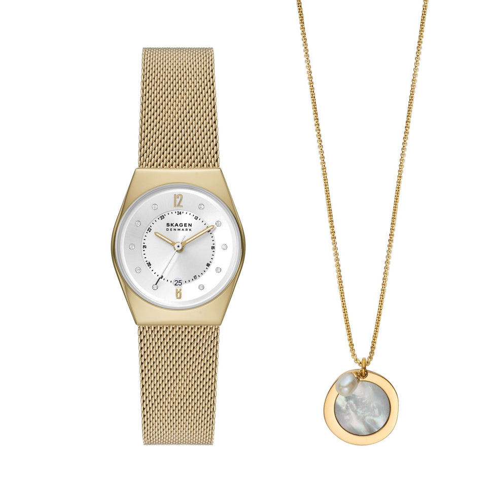 Skagen Armbanduhr mit silbernem Zifferblatt mit Zirkonia- und Goldindizes, goldenem Gehäuse und goldenem Meshband; Produktbild