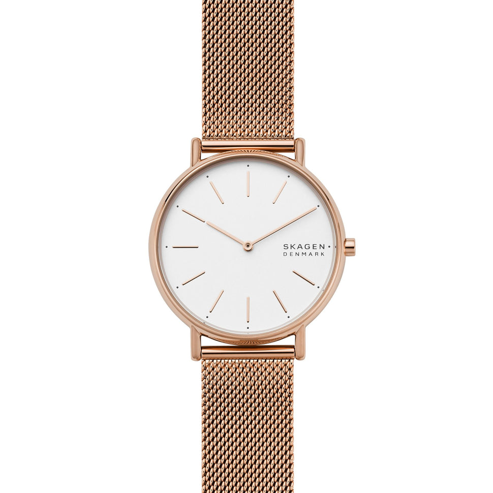 Skagen Armbanduhr mit sandgestrahltem Ziffernblatt, roségoldenem Gehäuse und roségoldenem Edelstahlband Produktbild