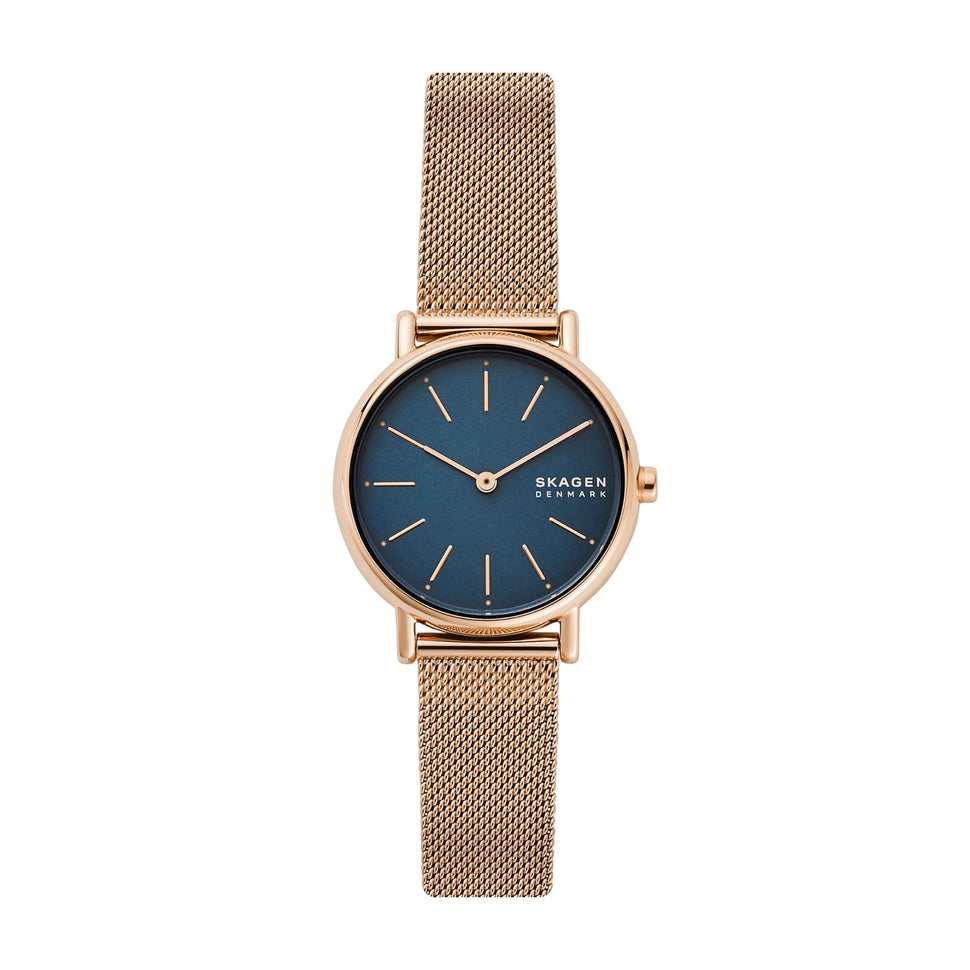 Skagen Armbanduhr mit blauem Ziffernblatt, roségoldenem Gehäuse und roségoldenem Milanaiseband aus Edelstahl Produktbild