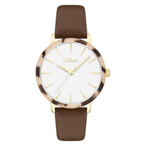 Minimalistische s.Oliver Damenuhr mit goldfarbenem Edelstahlgehäuse, braunem Lederarmband und weißem Zifferblatt.