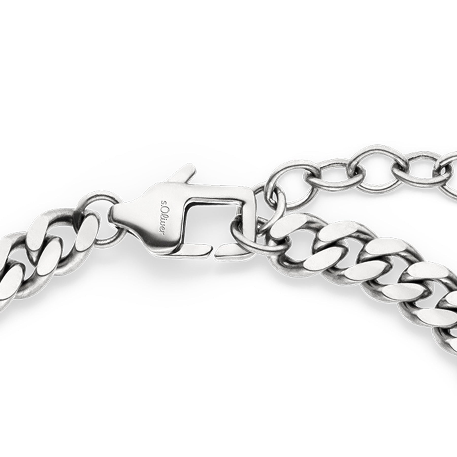 s.Oliver Basic Herrenarmband in Silber aus Edelstahl, Detailansicht von Karabinerverschluss und Verlängerungskette