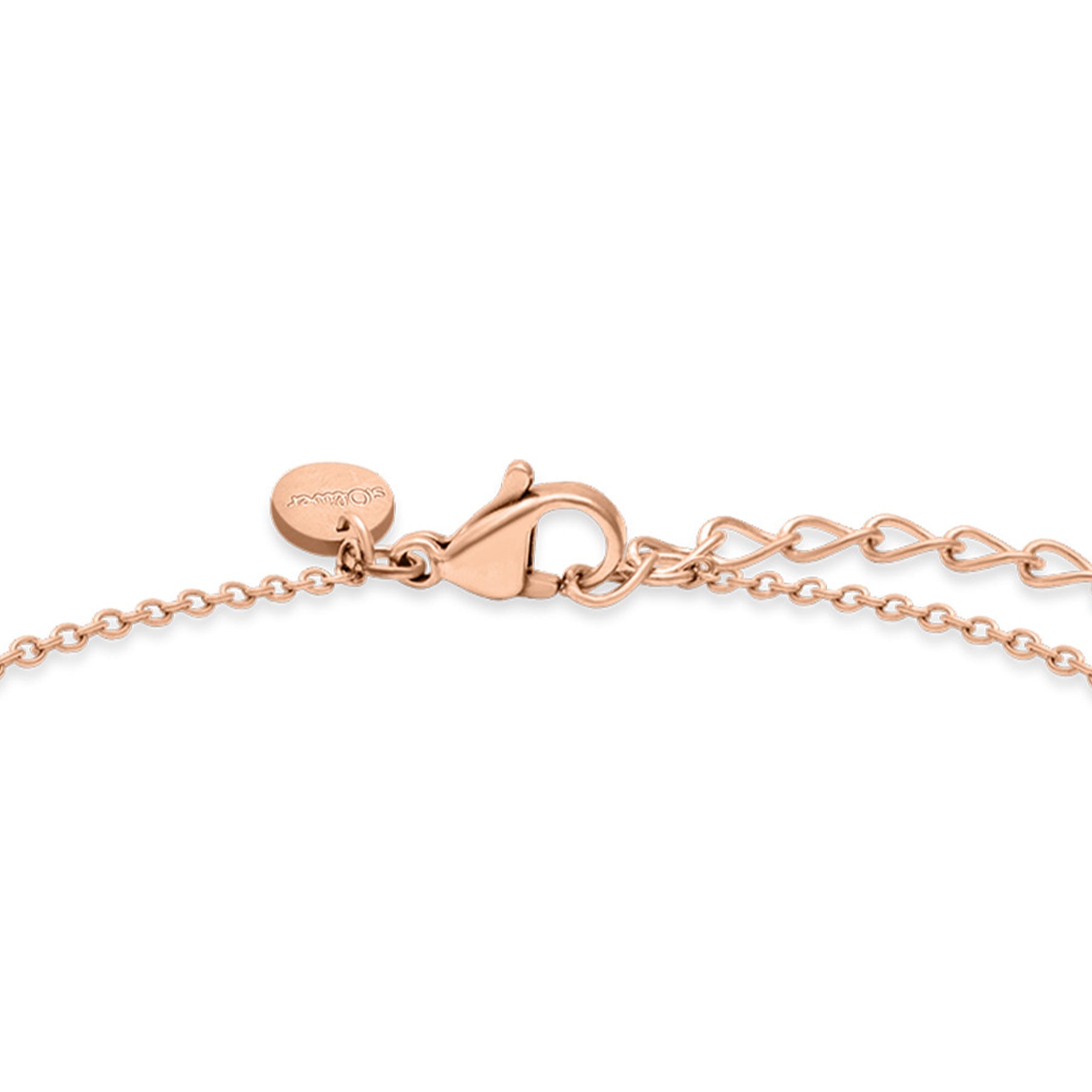 Detailansicht des s.Oliver Armbands Flower mit roségoldfarbenem Karabinerverschluss und verstellbarer Verlängerungskette.
