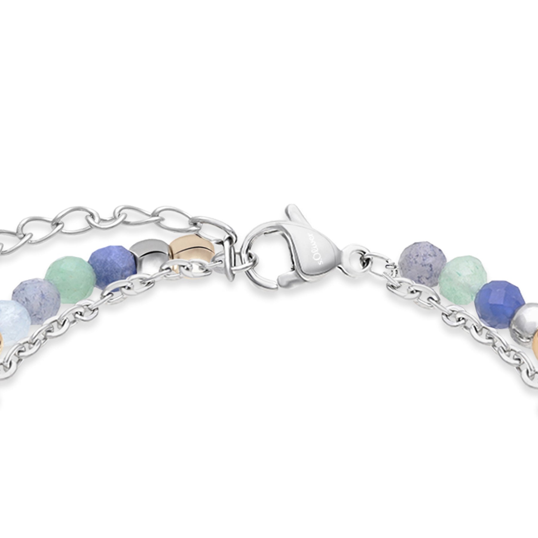 Detailansicht des s.Oliver Armbands Colorful Beads Combo mit Karabinerverschluss und verstellbarer Verlängerungskette.