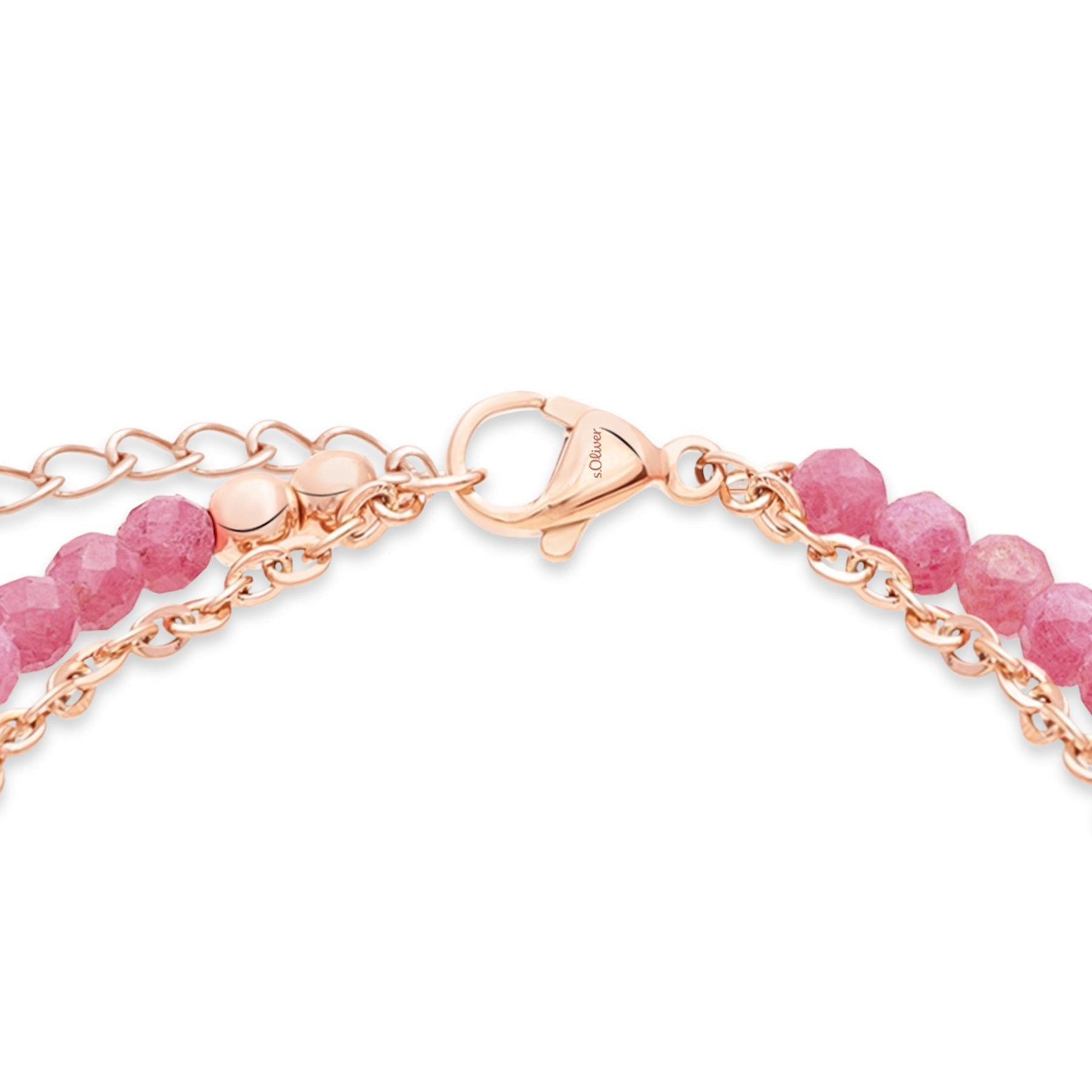 Detailansicht des s.Oliver Armbands Pink Combination mit roségoldfarbenem Karabinerverschluss und verstellbarer Verlängerungskette.