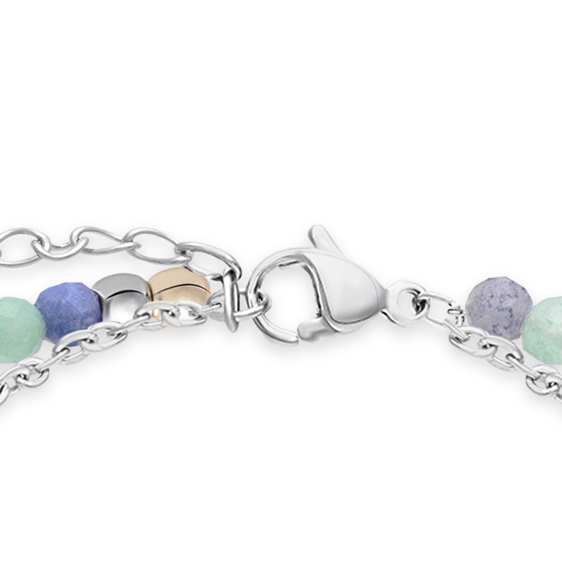 Detailansicht der s.Oliver Colorful Beads Fußkette mit bunten Schmuckperlen, silberfarbener Kette und verstellbarem Verschluss.