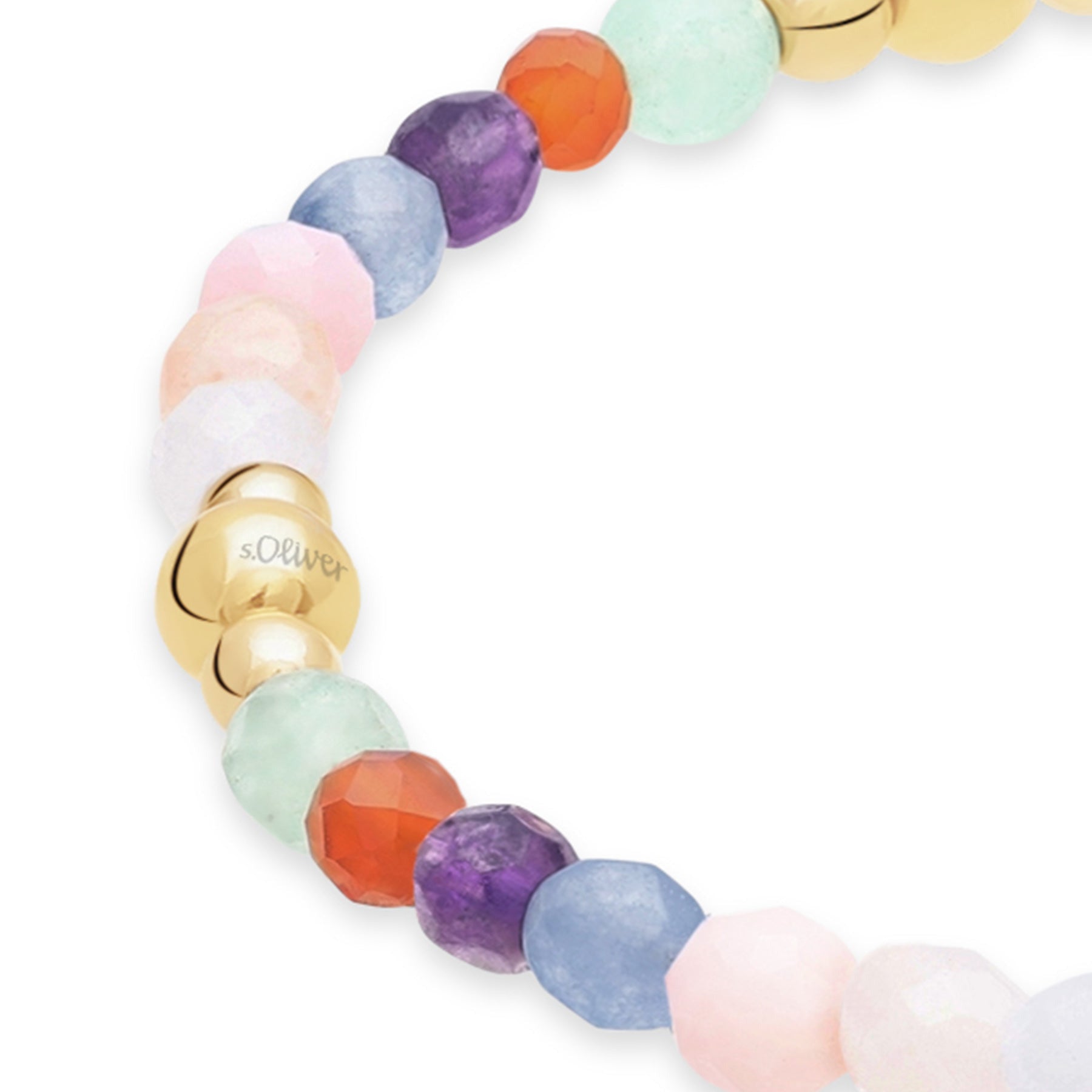Seitliche Detailansicht des s.Oliver Armbands Colorful Beads mit bunten Beads und goldfarbenen Kugel-Elementen.