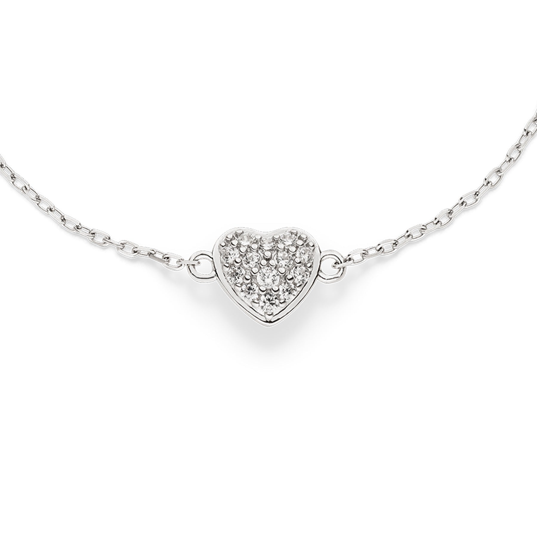 Silberfarbenes s.Oliver Kinderarmband aus Silber mit feiner Ankerkette und herzförmigem Mittelteil, das mit funkelnden weißen Zirkonia-Steinen besetzt ist. 