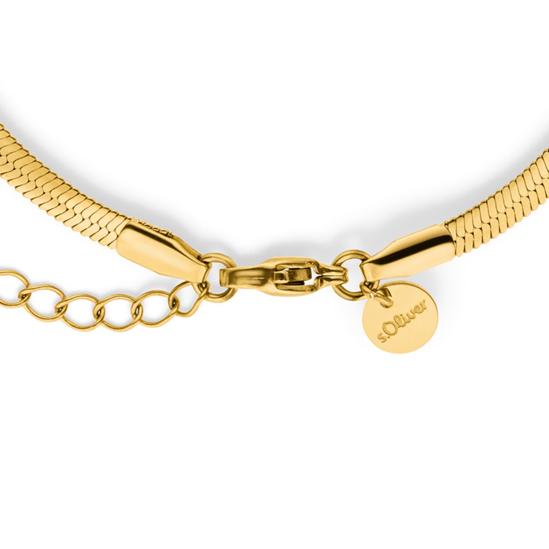 Detailansicht des s.Oliver Armbands Sleek mit goldfarbenem Karabinerverschluss und verstellbarer Verlängerungskette.