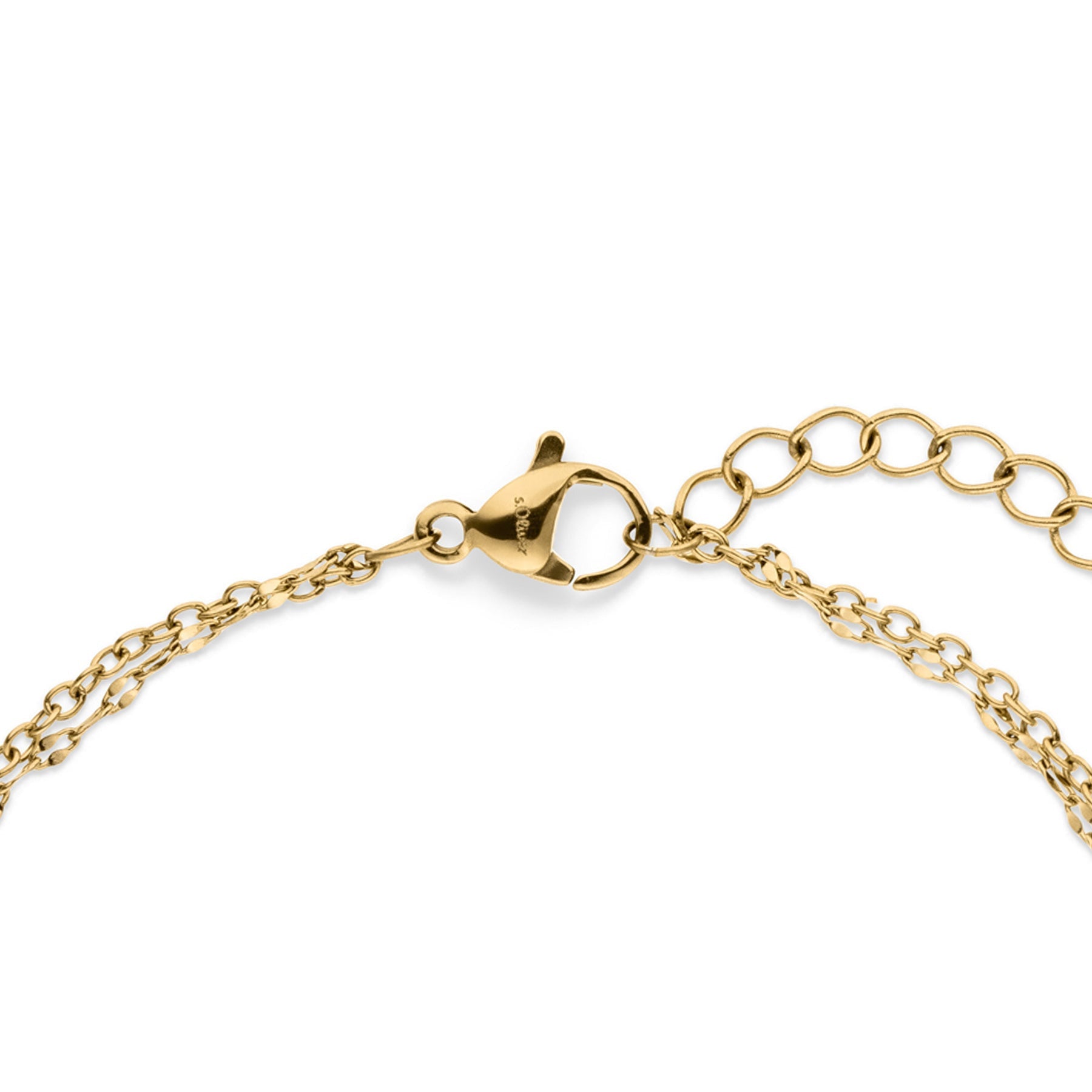 Detailansicht des s.Oliver Armbands Modern Cross in Gold mit Karabinerverschluss und verstellbarer Verlängerungskette.