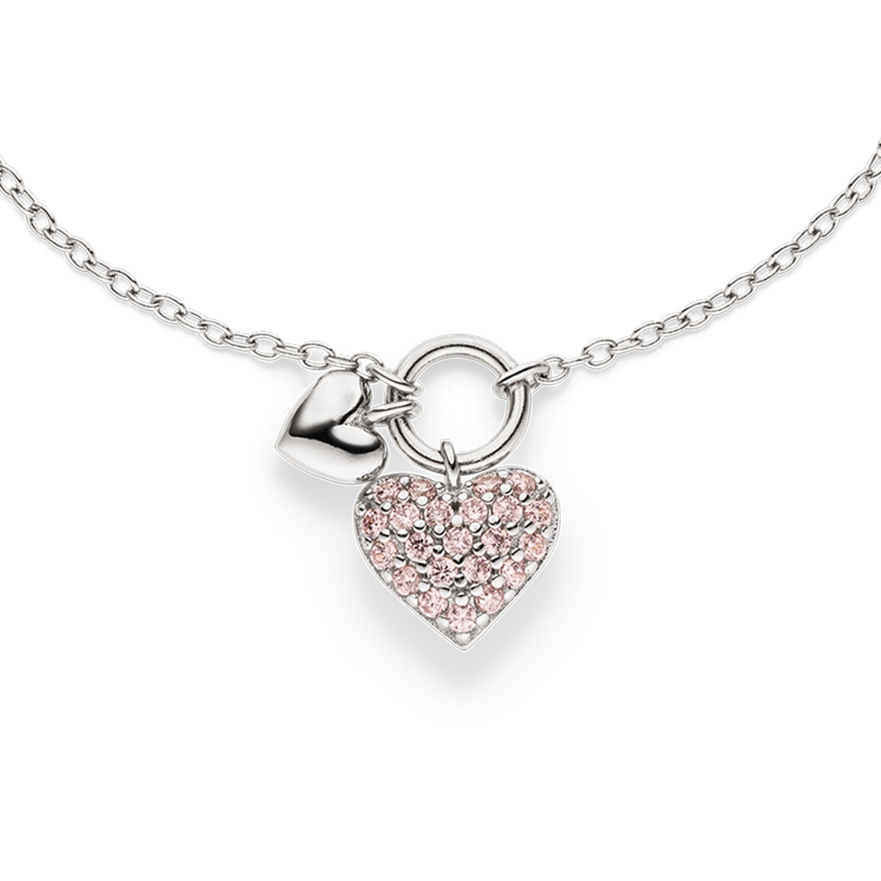 Silberfarbenes Mädchenarmband aus Silber. Ein Herzanhänger mit rosafarbenen Zirkoniasteinen bildet den Blickfang, ergänzt durch einen kleinen Herz-Charm. 