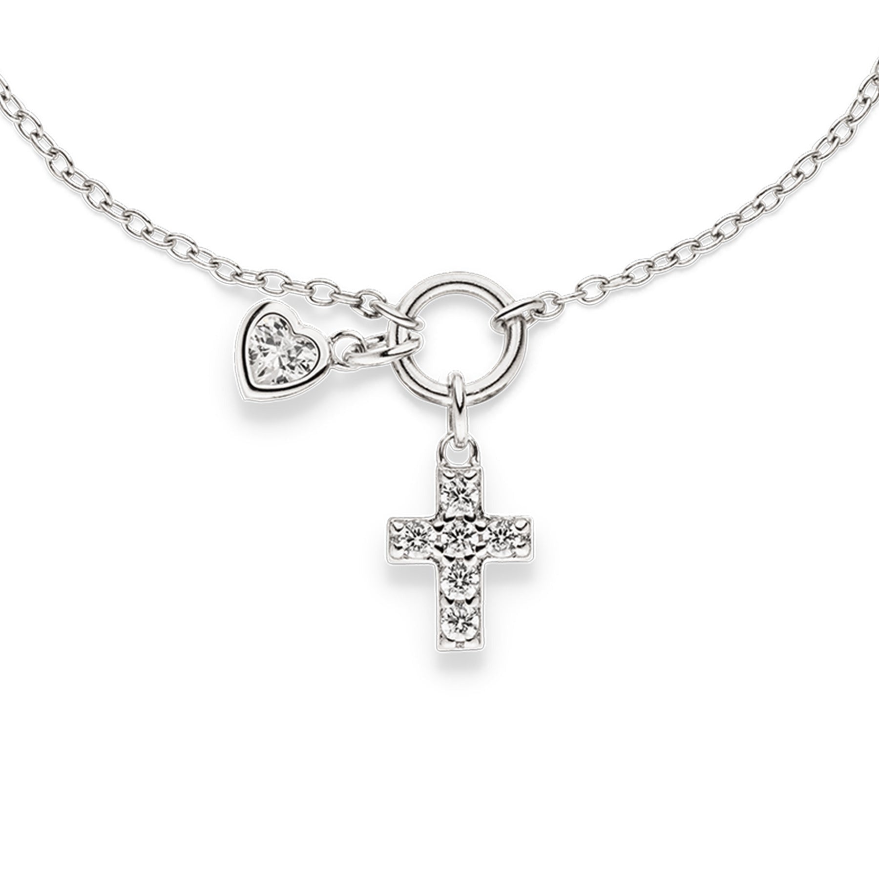 Silberfarbenes Mädchenarmband aus Silber. Ein funkelnder Kreuzanhänger mit weißen Zirkoniasteinen wird von einem kleinen Herz-Charm begleitet und macht das Armband zu einem liebevollen Schmuckstück. 