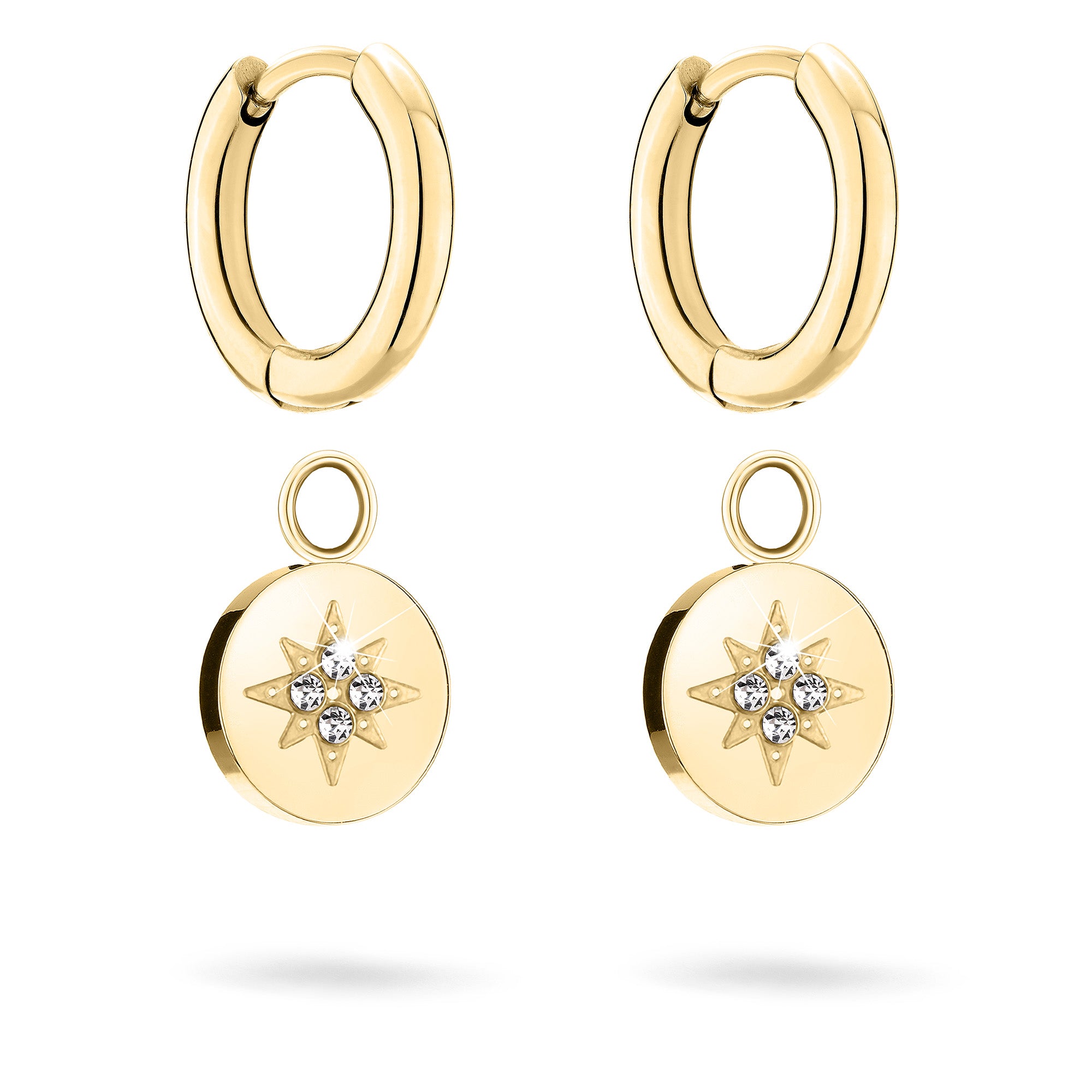 Tamaris Creole - Die funkelnden Sterne: Elegante goldene Creolen mit runden Starburst-Anhängern, die jeweils mit einem diamantenähnlichen Stein in der Mitte besetzt sind - perfekt, um jedem Look Tamaris-Raffinesse zu verleihen.