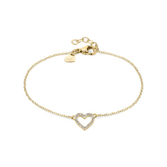 Das Tamaris Armband - Sparkling Hearts ist ein goldenes Kettenarmband mit einem diamantbesetzten Herzanhänger und einem kleinen Herzanhänger in der Nähe des Verschlusses, der es zu einem charmanten Geschenk von Tamaris macht.