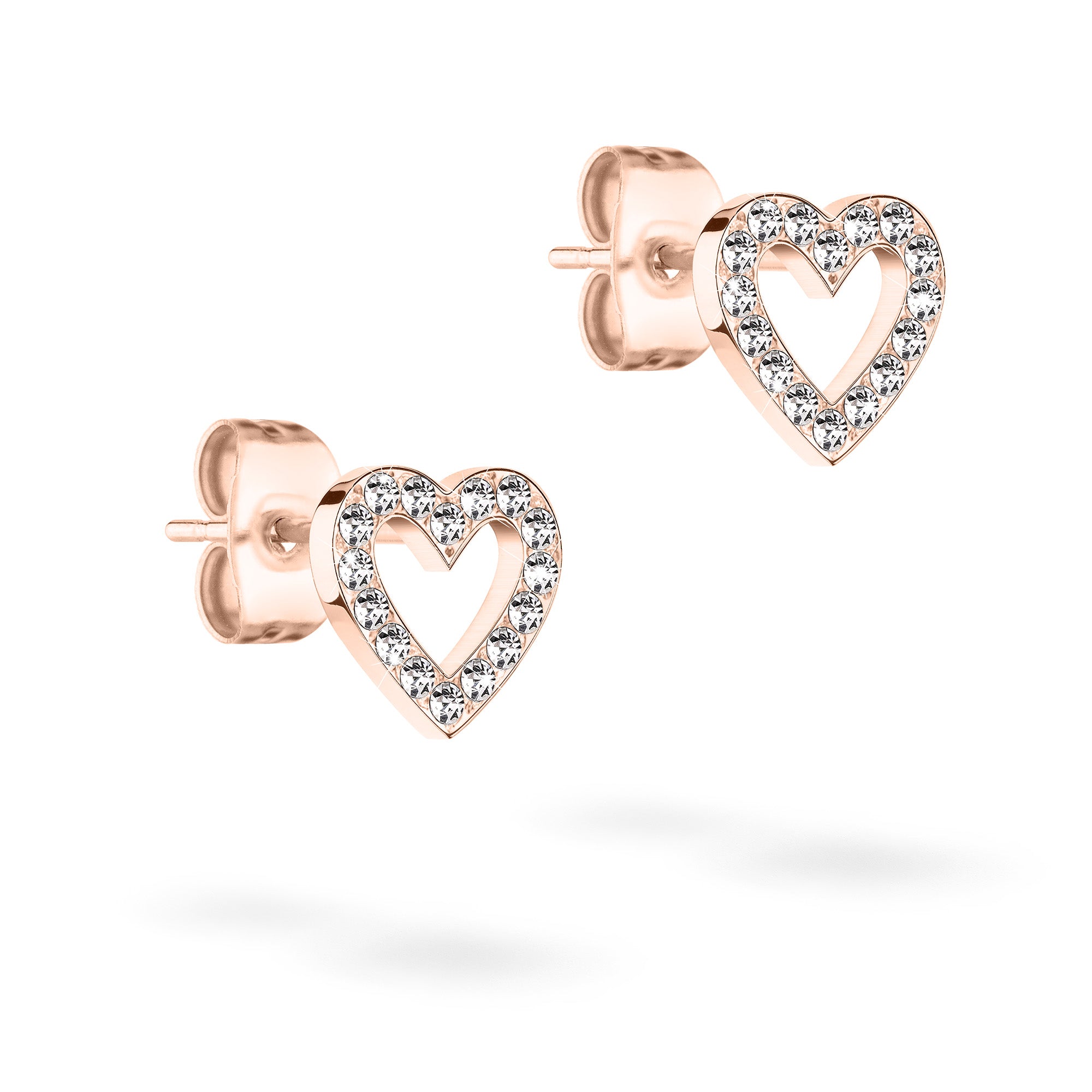 Die Tamaris Ohrstecker von Tamaris sind herzförmige Ohrstecker aus Roségold mit kleinen klaren Steinen, die um die offene Herzkontur herum gefasst sind.