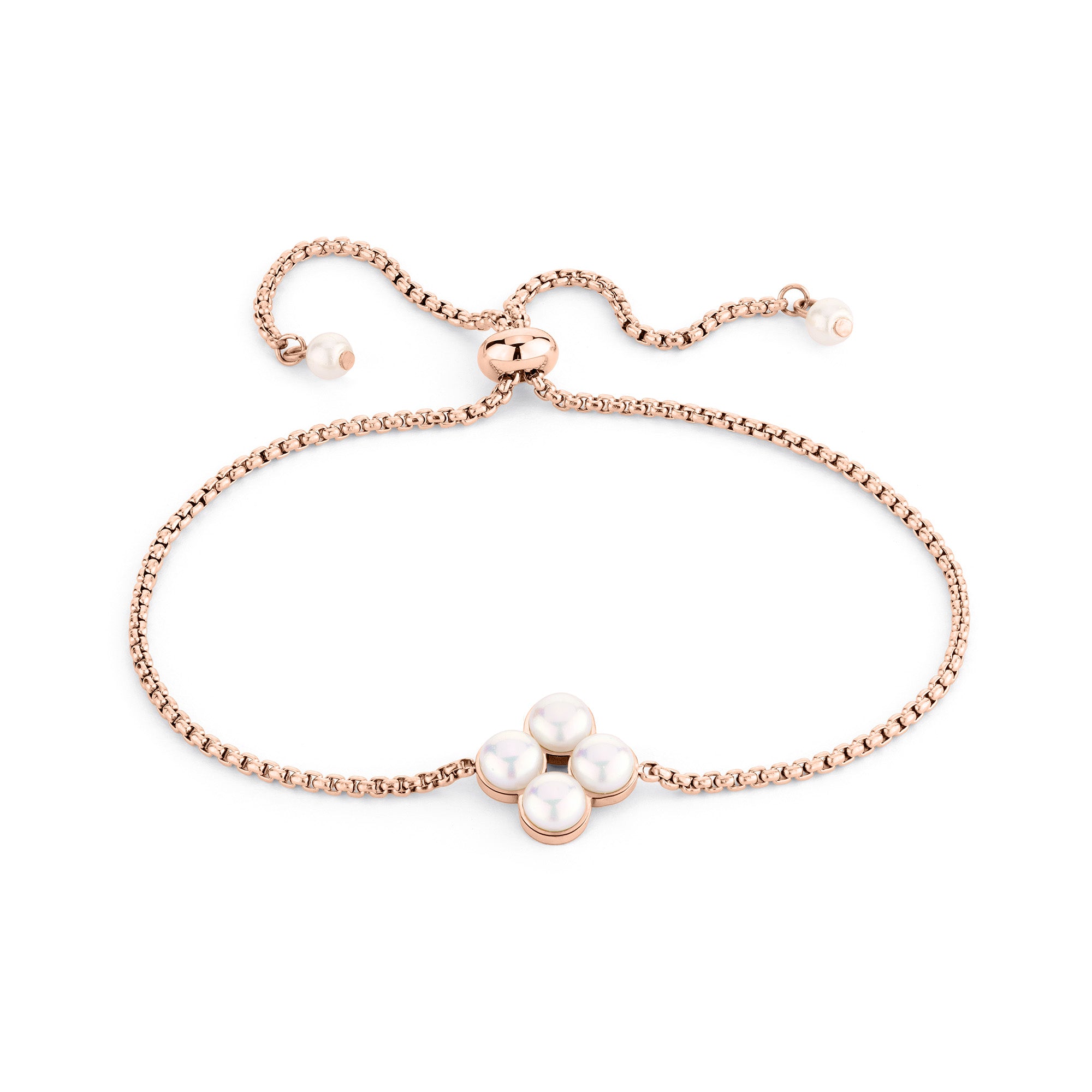 Tamaris Armband mit Zugverschluss bestehend aus einer roségoldenen Gliederkette und einem Glasperlenanhänger im floralen Design; Produktbild