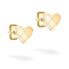 Die Tamaris Ohrstecker - The T-Pattern Heart überzeugen in zarter Herzform mit feiner Gravur und goldener Optik, präsentiert auf weißem Hintergrund - das ideale Geschenk für besondere Anlässe.