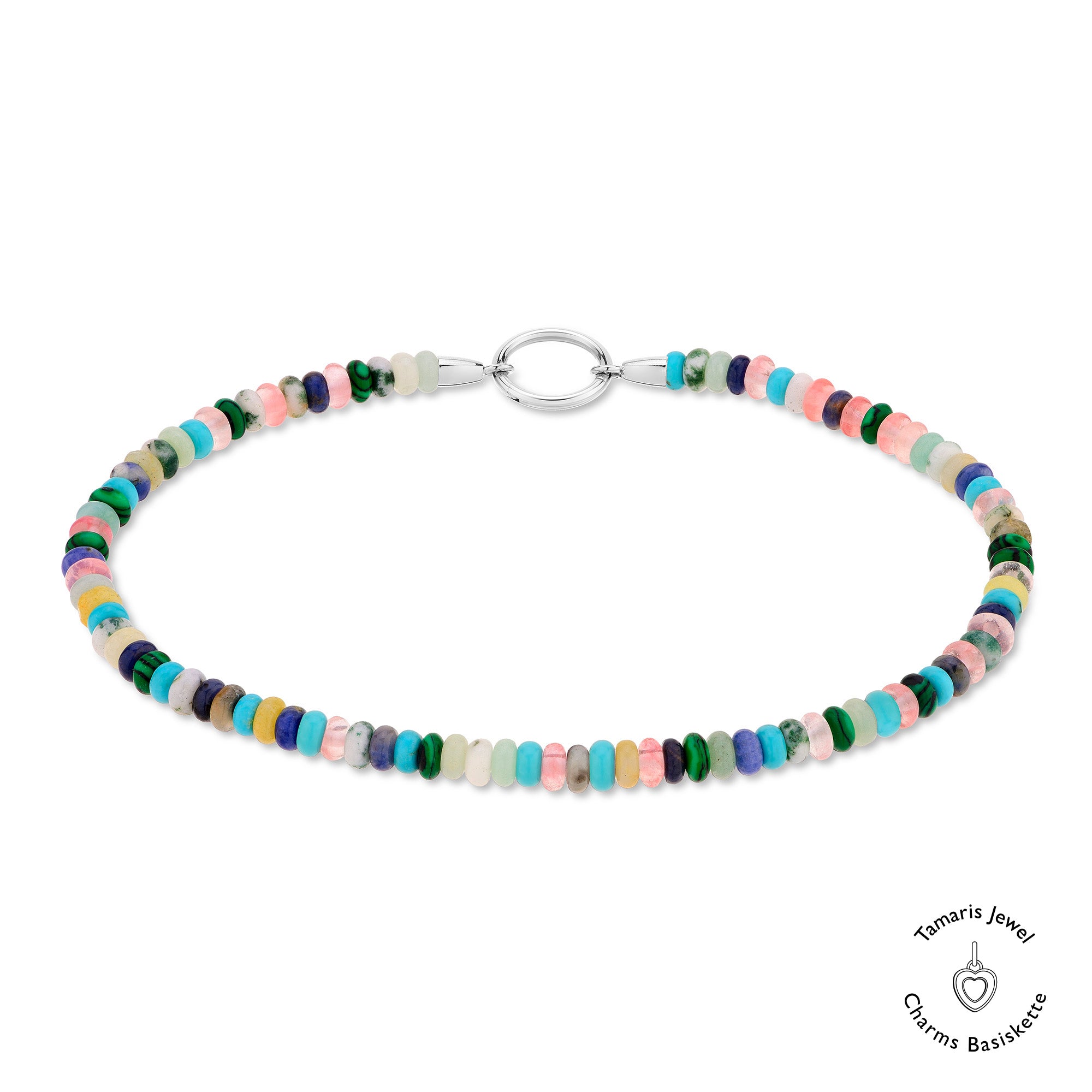 Die Tamaris Fußkette - All About Beads von Tamaris besteht aus bunten Perlen und einer silbernen Schließe, die in einem Kreis auf weißem Hintergrund angeordnet sind.