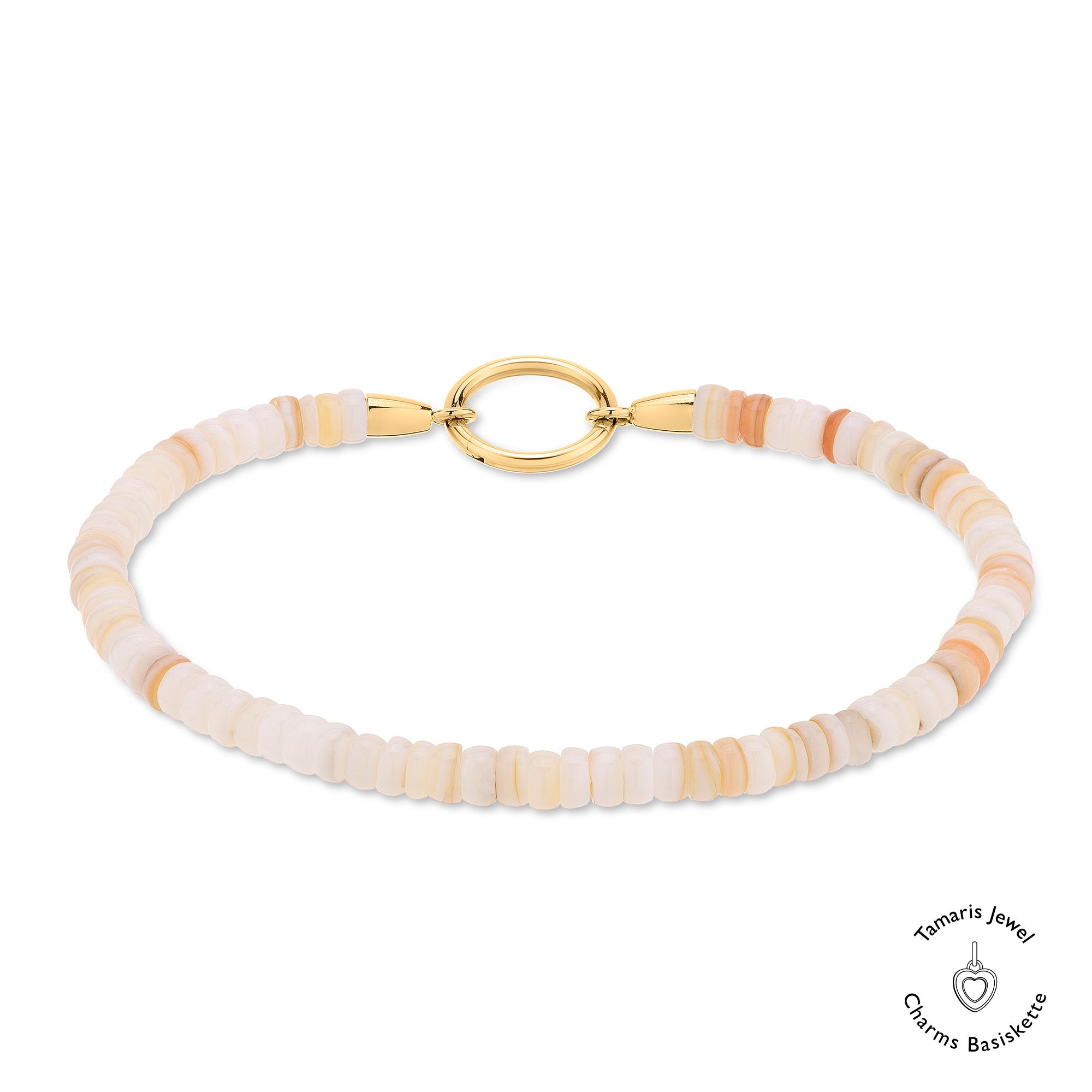 Das Tamaris Armband - All About Beads besteht aus hellpfirsich- und cremefarbenen Scheibenperlen, beigen Steinen, einem goldenen Verschluss und dem kultigen Tamaris Jewel Charms Logo.