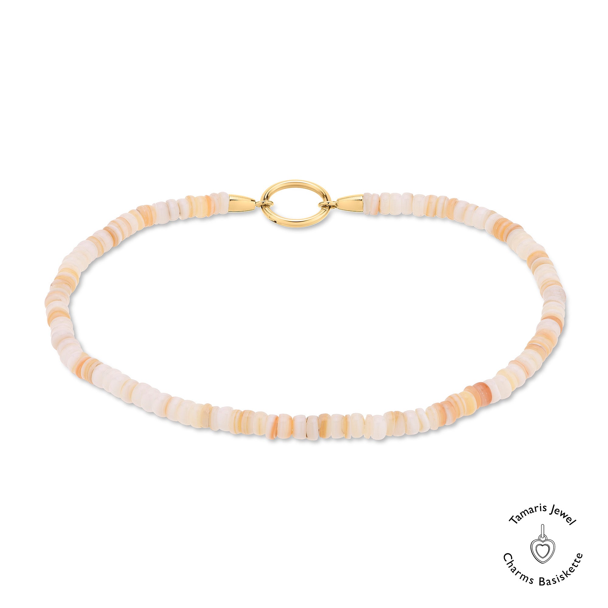 Beige- und pfirsichfarbene Muschelperlenkette mit goldenem Verschluss, abgebildet auf weißem Hintergrund - passend zur Tamaris Fußkette - All About Beads oder Ihrem Lieblings-Charms-Anhänger.