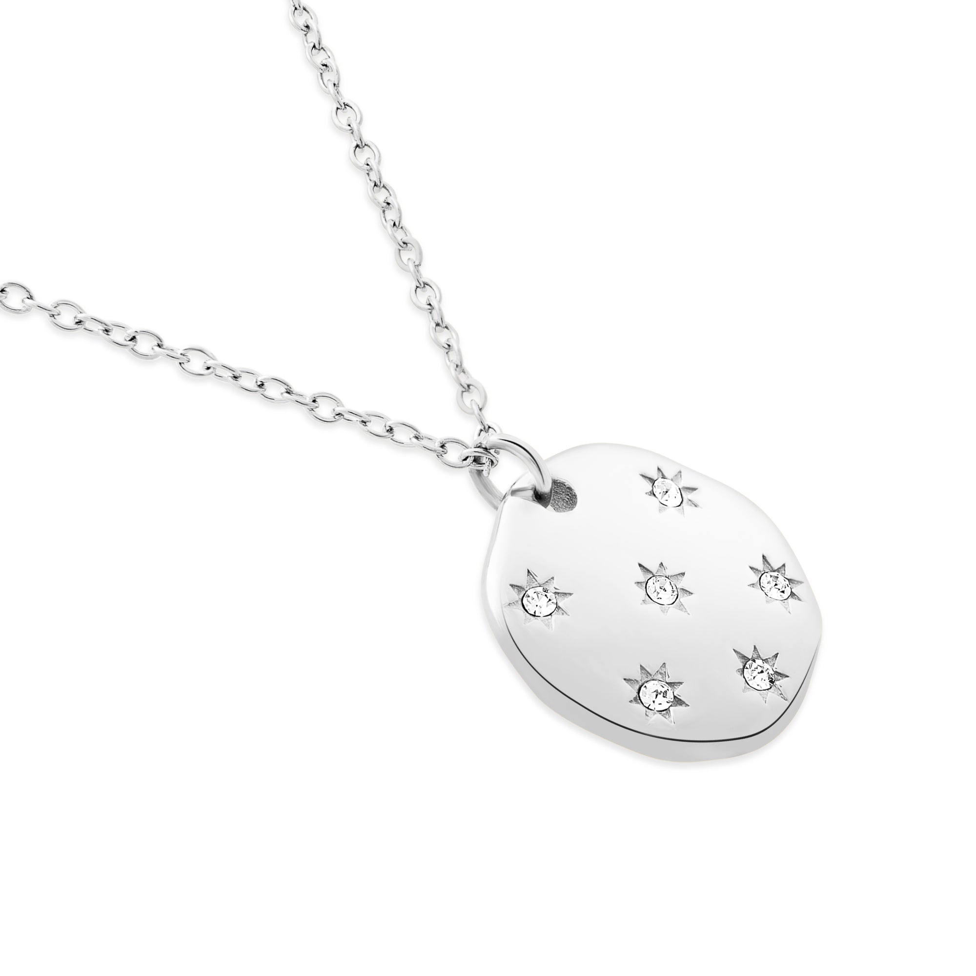 Tamaris Halskette - Little Twinkle: Silberne Damenkette mit rundem Anhänger, sechs sternförmigen Gravuren und funkelnden Zirkoniasteinen - von Tamaris.
