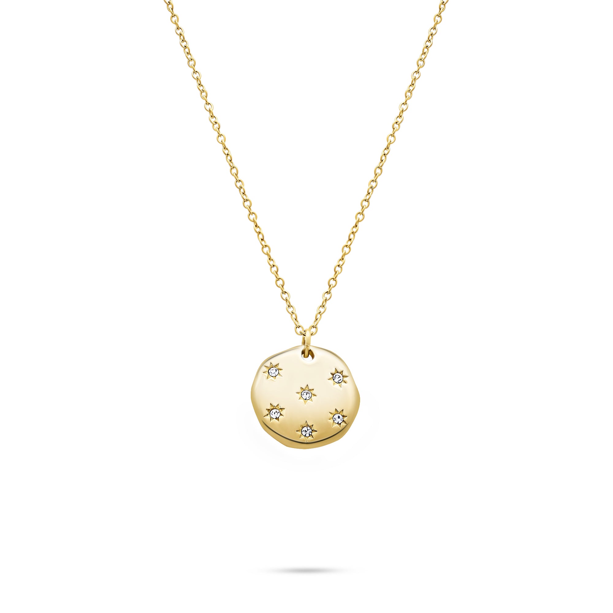 Die Tamaris Halskette - Little Twinkle von Tamaris besteht aus einer goldenen Halskette mit einem runden Anhänger, der mit kleinen Sternen und funkelnden Zirkoniasteinen verziert ist.