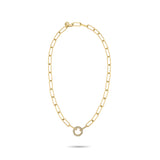 Die Tamaris Halskette - Glitter Donuts ist eine stilvolle Damen Schmuck Goldkette mit länglichen Gliedern und einem funkelnden, runden Zirkonia-Anhänger aus der Tamaris Kollektion.