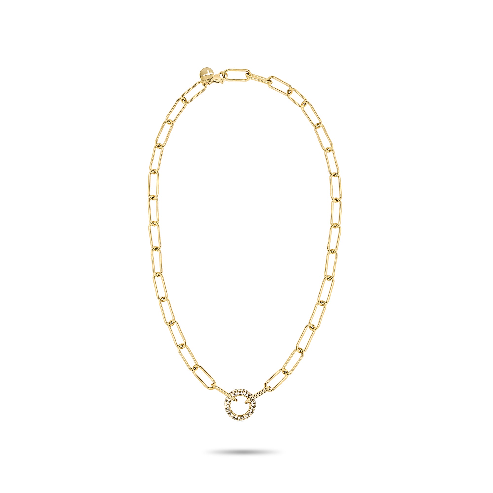 Die Tamaris Halskette - Glitter Donuts ist eine stilvolle Damen Schmuck Goldkette mit länglichen Gliedern und einem funkelnden, runden Zirkonia-Anhänger aus der Tamaris Kollektion.