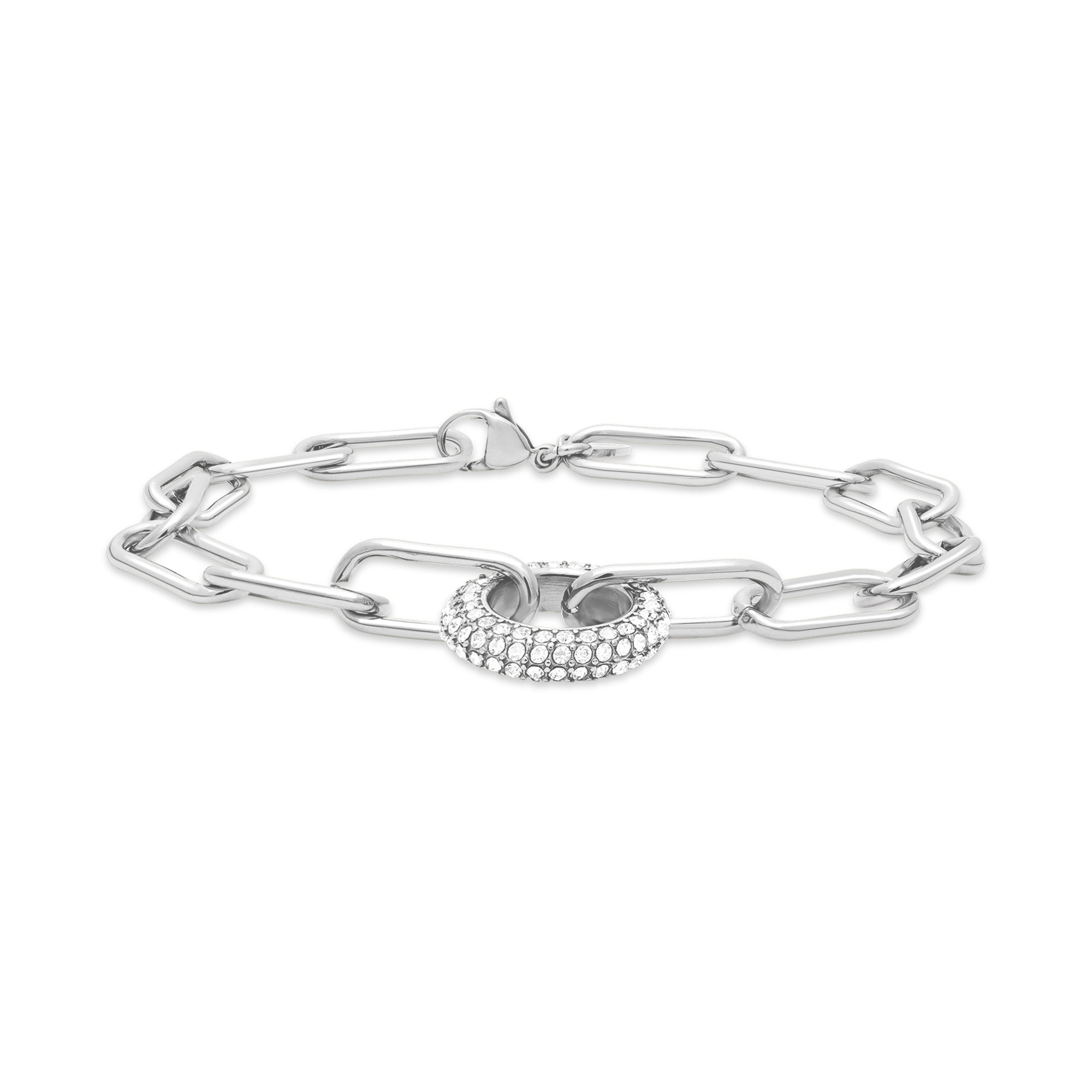 Das Tamaris Armband - Glitter Donuts ist ein elegantes Accessoire aus der Tamaris-Kollektion. Es besteht aus einer silberfarbenen Kette mit Verschluss und einem Zirkonia-Anhänger in Kristallpavé-Optik.