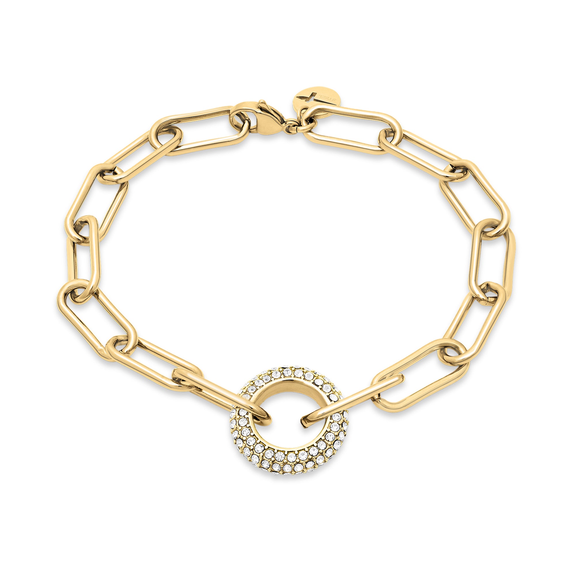 Das Tamaris Armband - Glitter Donuts ist ein goldenes Kettenarmband mit einem kreisförmigen Zirkonia-Anhänger in der Mitte und bietet einen eleganten Schmuckstil von Tamaris, dargestellt auf weißem Hintergrund.