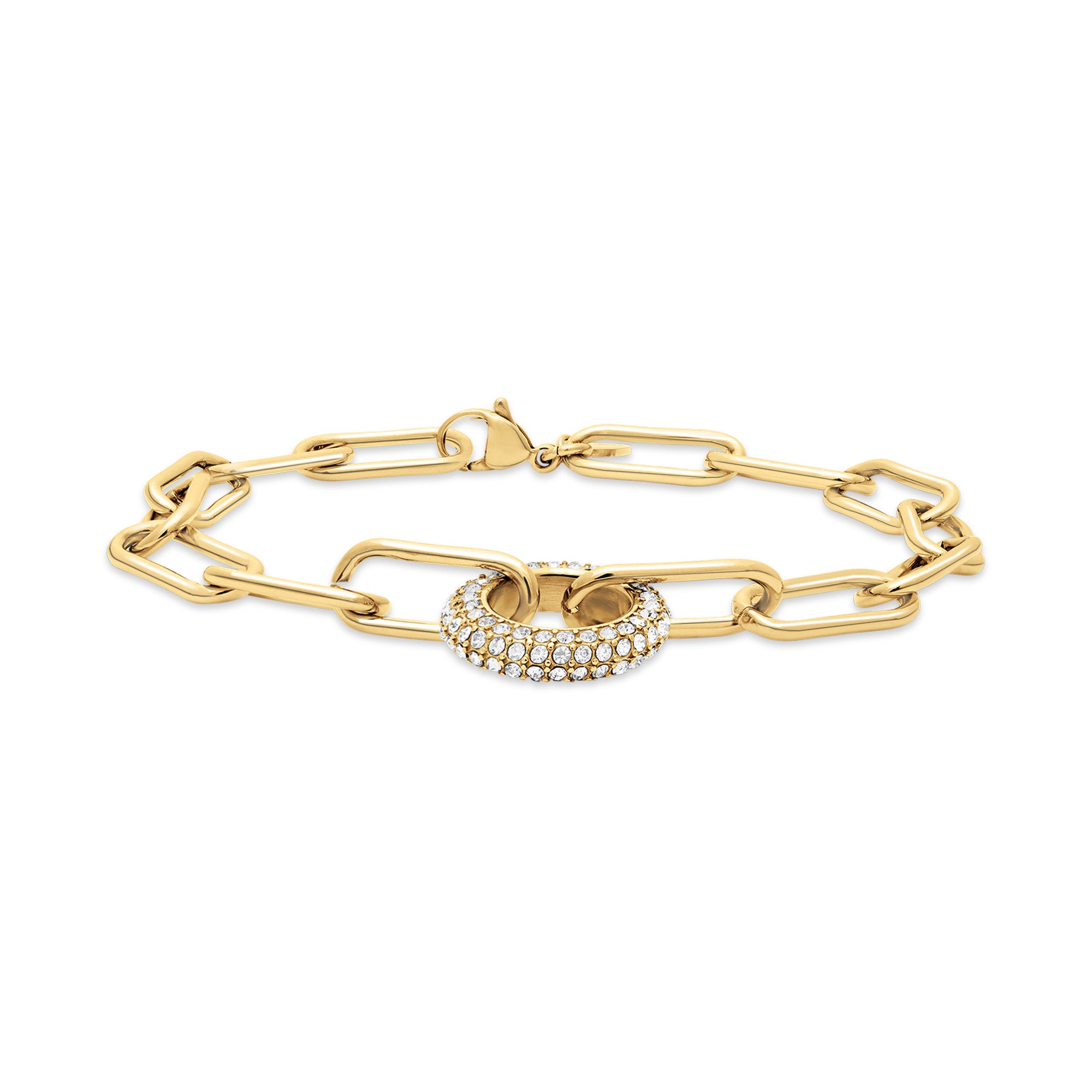 Das Tamaris Armband - Glitter Donuts ist mit seinen länglichen, goldenen Gliedern und dem kreisrunden, funkelnden, mit Zirkonia besetzten Mittelstück ein elegantes Schmuck-Highlight von Tamaris.
