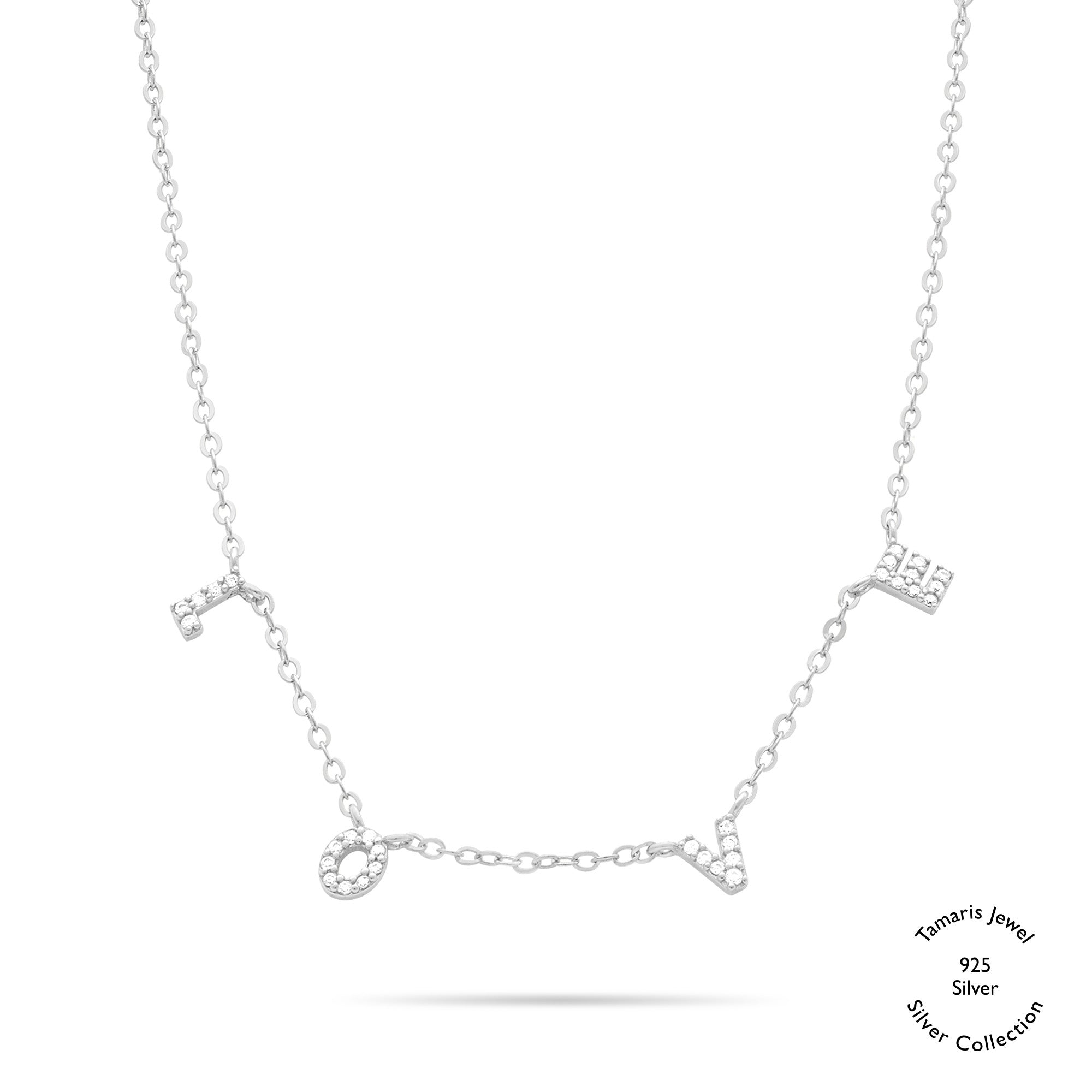 Die Tamaris Halskette aus der Silver Love Collection zeigt vier baumelnde LOVE-Anhänger, die mit funkelnden Zirkoniasteinen verziert sind und sich auf einem schlichten weißen Hintergrund präsentieren.