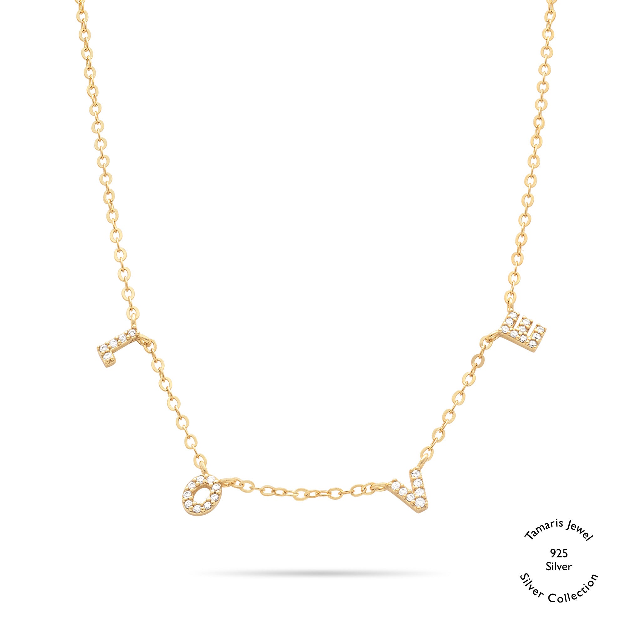 Die Tamaris Halskette aus der Silver Love Collection besticht mit vier LOVE-Anhängern und funkelnden Zirkoniasteinen auf einer filigranen Kette.