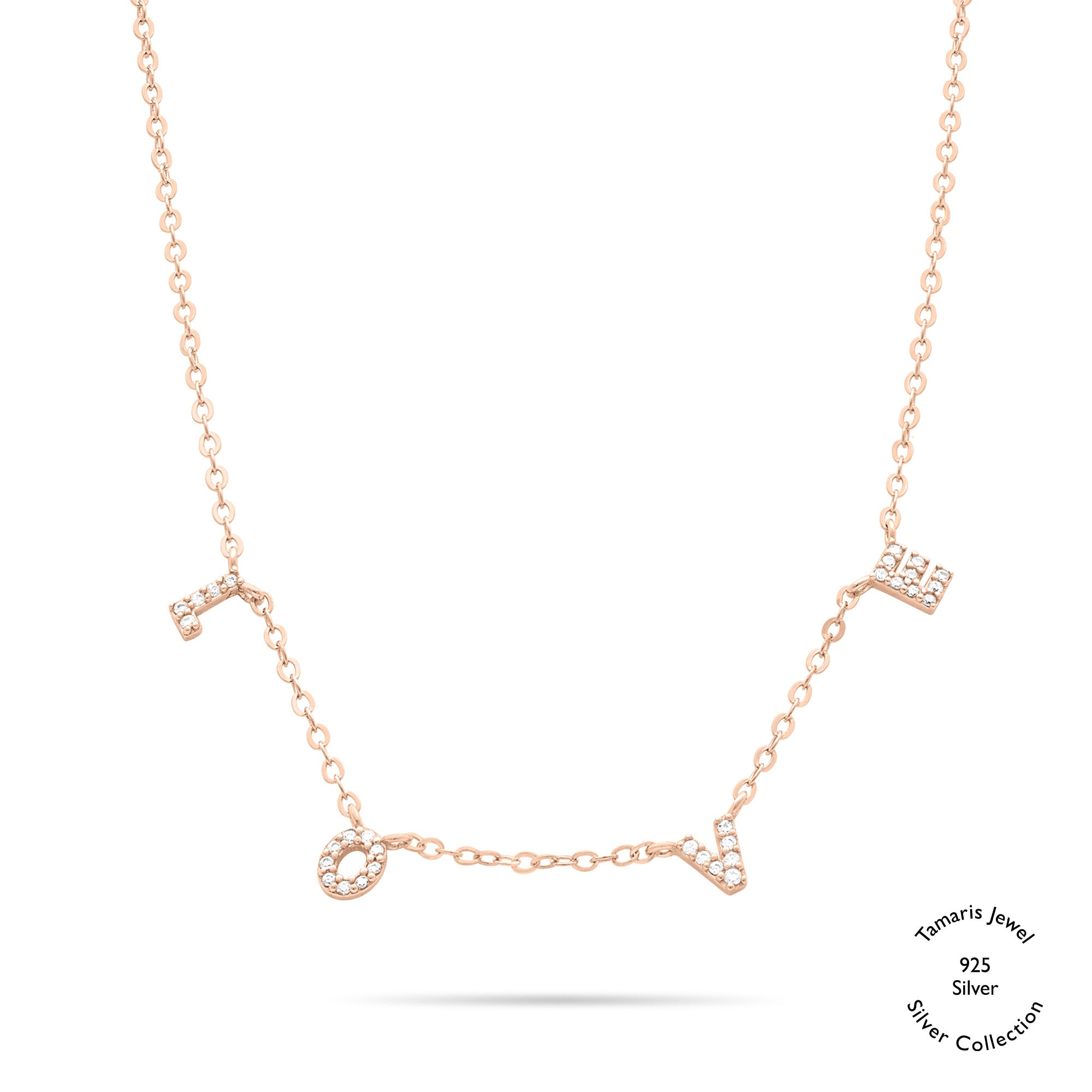 Die Tamaris Halskette aus der Silver Love Collection zeigt vier baumelnde LOVE-Anhänger mit funkelnden Zirkoniasteinen an einer zarten Kette.