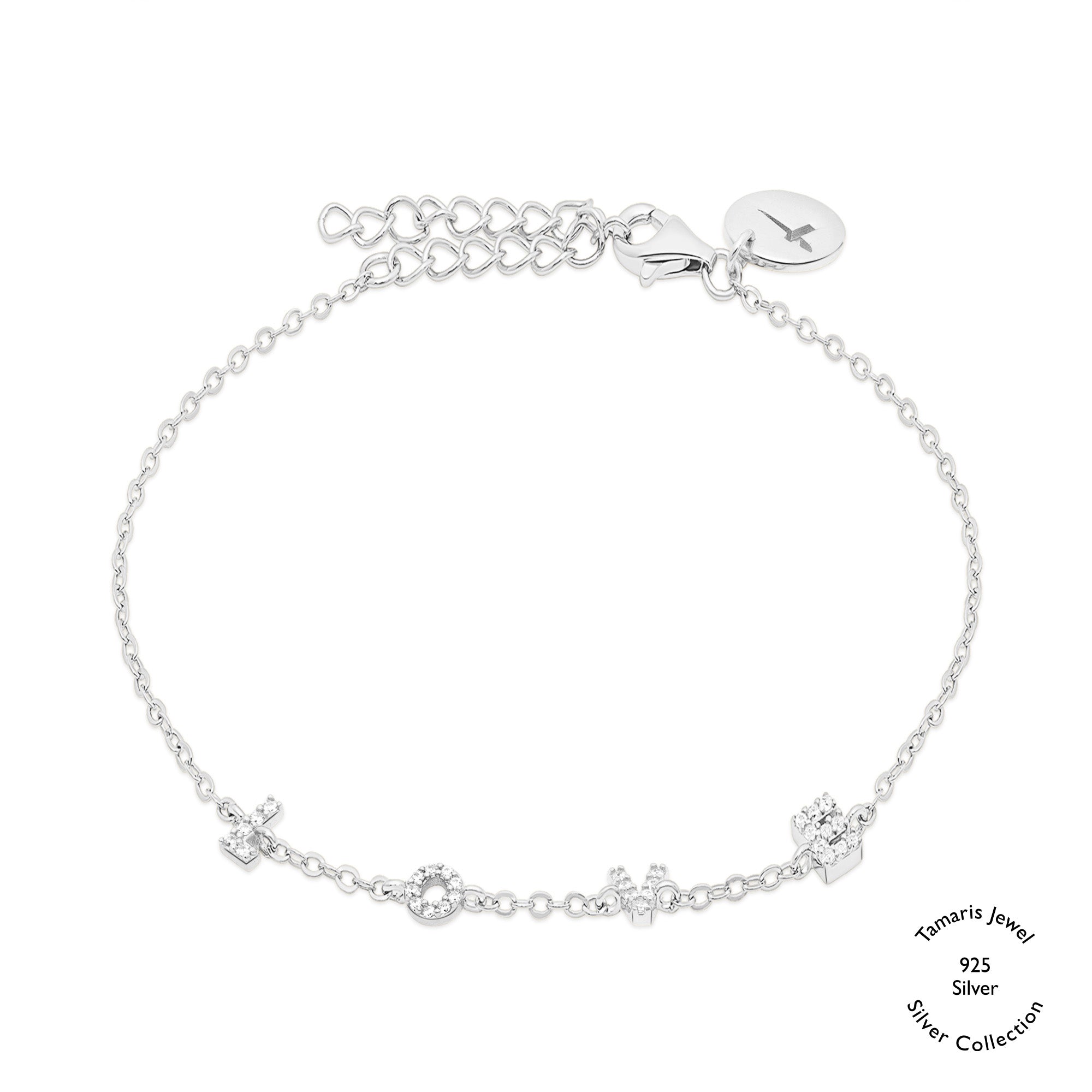 Das Tamaris-Armband aus der Silver Love Collection ist mit kleinen geometrischen Anhängern, funkelnden Zirkonia-Akzenten und einem runden LOVE-Anhänger auf weißem Hintergrund versehen.