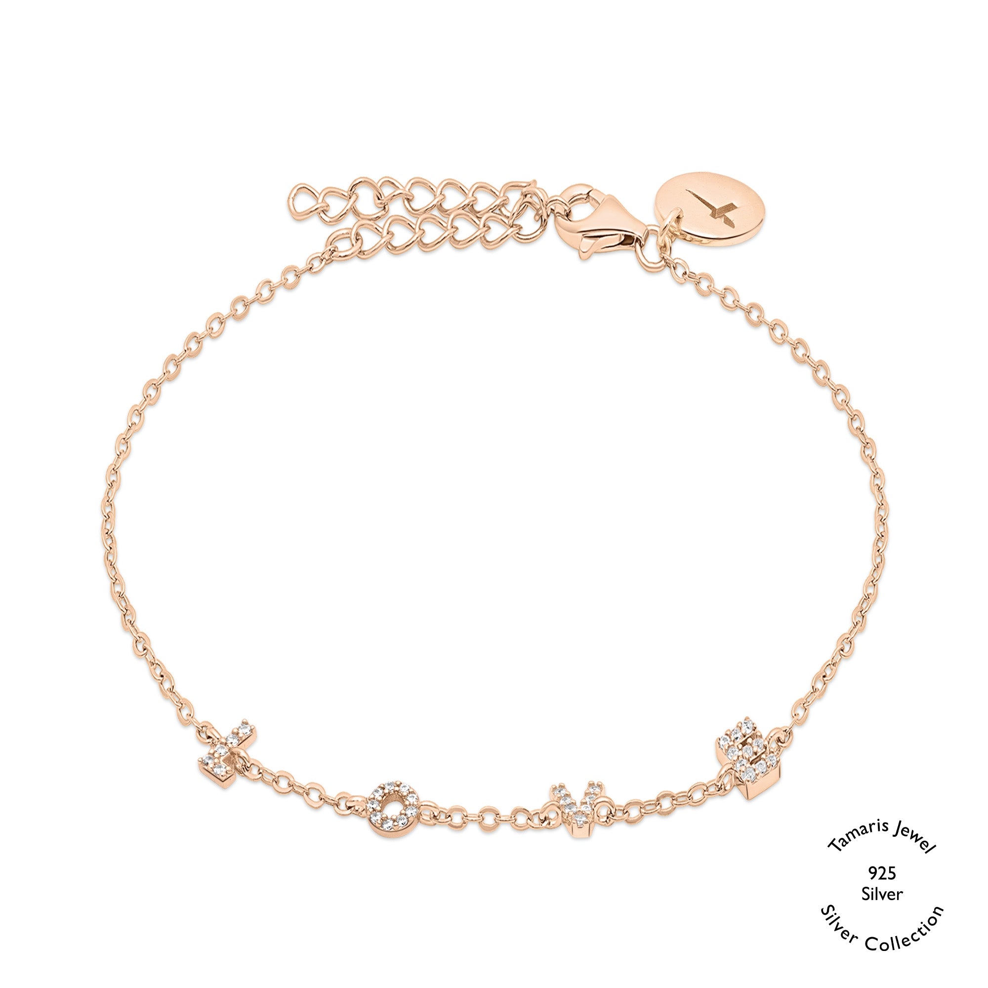 Tamaris Armband - Silver Love Collection: Silbernes Kettenarmband mit funkelnden Zirkonia-Anhängern und einem runden LOVE-Anhänger auf weißem Hintergrund.