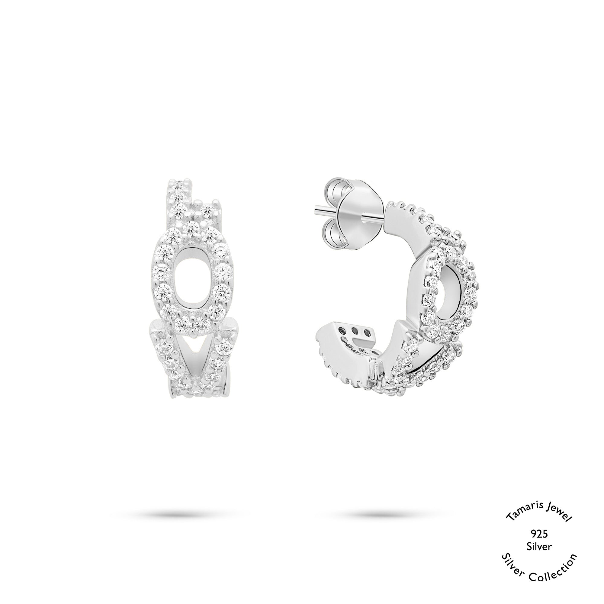 Tamaris Creole - Kollektion Silver Love: Elegante silberne Creolen von Tamaris mit dem Wort LOVE und funkelnden Zirkoniasteinen auf weißem Hintergrund.