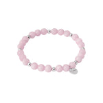 Schrägansicht Tamaris Armband Pretty Pink mit rosafarbenen Perlen, silberfarbenen Kugeln und rundem Anhänger mit Logomotiv