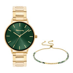 Tamaris Damenuhr mit grünem Zifferblatt und goldfarbenem Edelstahlarmband kombiniert mit passendem Natursteinarmband im Set.