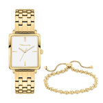 Tamaris Set aus goldfarbener Damenuhr mit rechteckigem Gehäuse und passendem Edelstahl-Kugelarmband mit Zugverschluss.