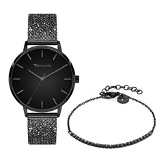 Tamaris Set - Das funkelnde Schwarz: Elegantes Set von Tamaris mit schwarzer Glitzeruhr und filigranem, verstellbarem Perlenarmband in Schwarz.