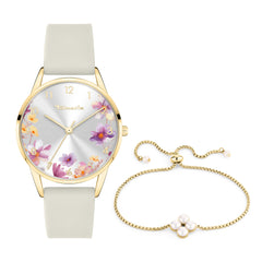Tamaris Set - Blumen-Kombination: Elegante goldene Uhr mit floralem Ziffernblatt und cremefarbenem Armband, kombiniert mit einem goldenen Tamaris-Armband mit zarten Perlendetails.