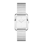 Die Tamaris Armbanduhr - The Square Retro Strap verfügt über ein silbernes eckiges Gehäuse, ein minimalistisches weißes Zifferblatt und ein stilvolles Edelstahlband.