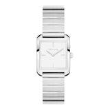 Die Tamaris Armbanduhr - The Square Retro Strap verfügt über ein silbernes eckiges Gehäuse, ein minimalistisches weißes Zifferblatt und ein stilvolles Edelstahlband.