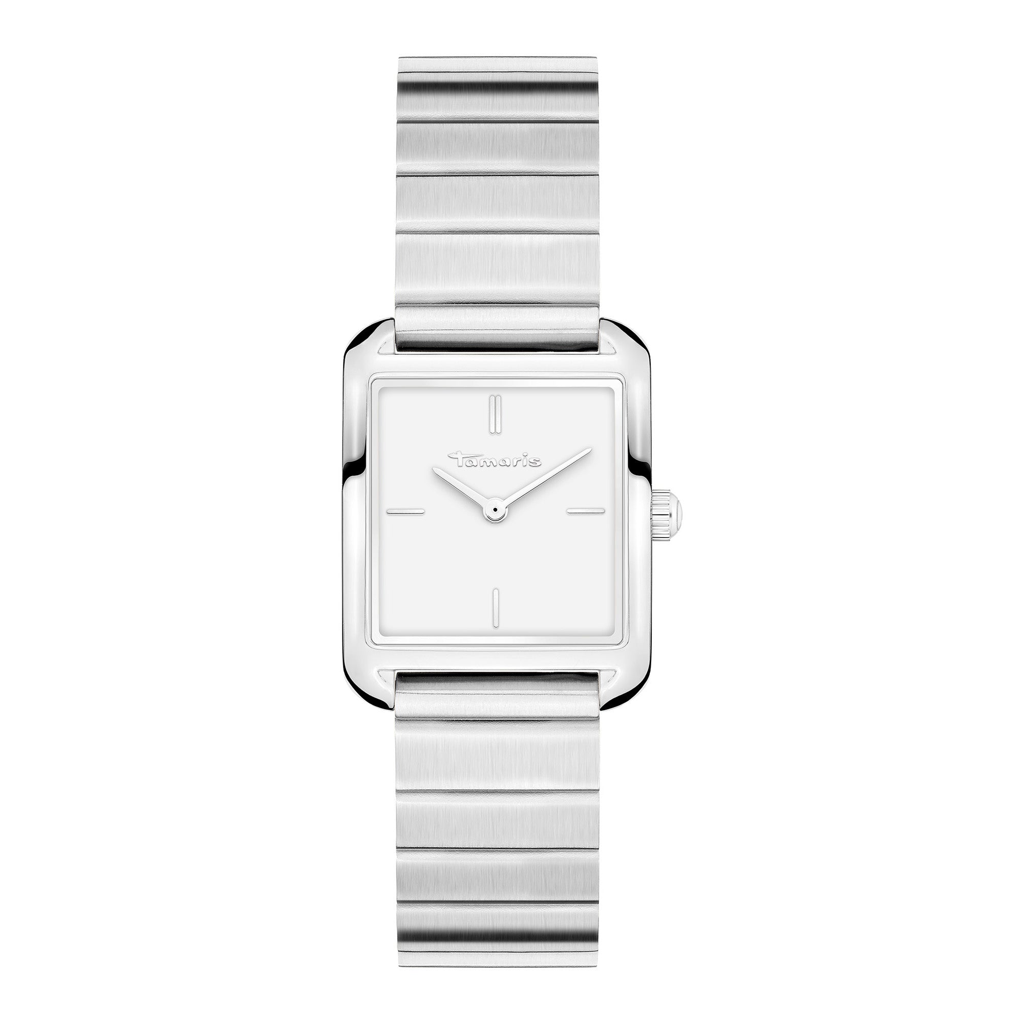 Die Tamaris Armbanduhr - The Square Retro Strap verfügt über ein silbernes eckiges Gehäuse, ein minimalistisches weißes Zifferblatt und ein stilvolles Edelstahlband.