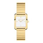 Die Tamaris Armbanduhr - The Square Retro Strap ist eine goldene rechteckige Damenuhr mit weißem Zifferblatt, minimalistischem Design und einem goldenen Edelstahlgliederband von Tamaris.