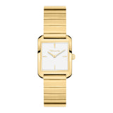 Die Tamaris Armbanduhr - The Square Retro Strap ist eine goldene rechteckige Damenuhr mit weißem Zifferblatt, minimalistischem Design und einem goldenen Edelstahlgliederband von Tamaris.