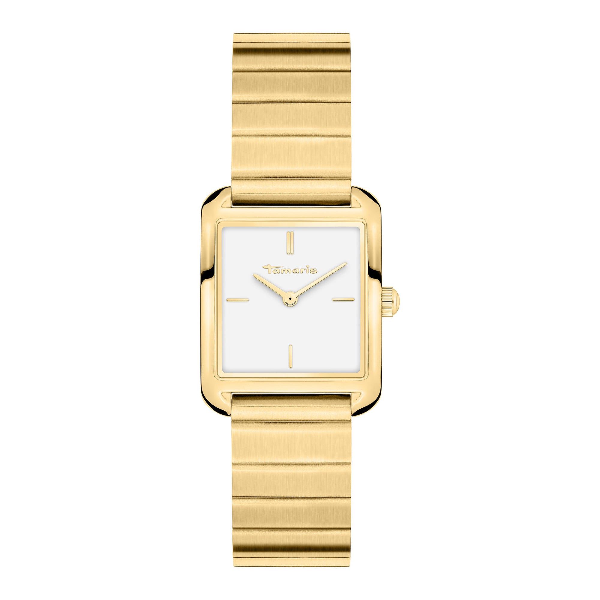 Die Tamaris Armbanduhr - The Square Retro Strap ist eine goldene rechteckige Damenuhr mit weißem Zifferblatt, minimalistischem Design und einem goldenen Edelstahlgliederband von Tamaris.