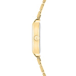 Seitenansicht der schmalen goldenen Tamaris Armbanduhr - The Square Retro Strap mit einem gekoppelten Edelstahlband und einer Krone am Gehäuse.