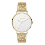 Die Tamaris Armbanduhr - Sparkle Up von Tamaris ist eine goldene Armbanduhr mit weißem Zifferblatt, minimalen goldenen Indexen und einem glitzernden, goldenen, strukturierten Netzband für ein elegantes Design.