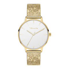 Die Tamaris Armbanduhr - Sparkle Up von Tamaris ist eine goldene Armbanduhr mit weißem Zifferblatt, minimalen goldenen Indexen und einem glitzernden, goldenen, strukturierten Netzband für ein elegantes Design.